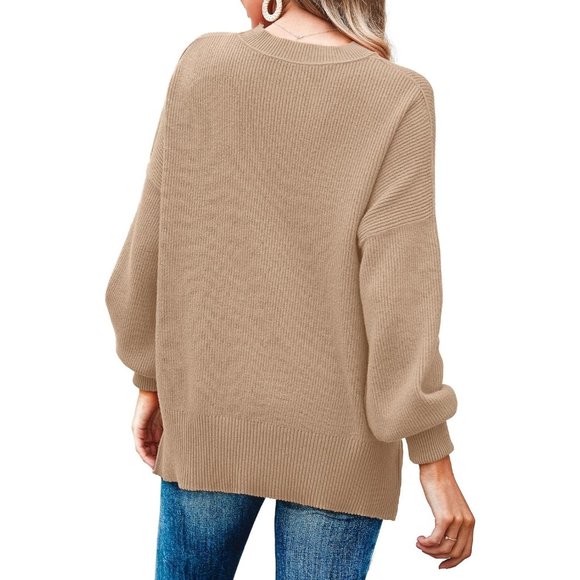 Womens Oversized Fall Slouchy Long Sleeve Ribbed Knit Side Slit Tunic Sweater - Picture 4 of 5